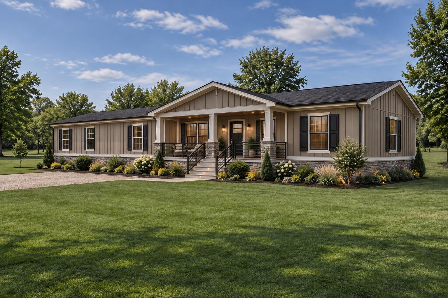 Upscale modern manufactured home exterior with a covered porch